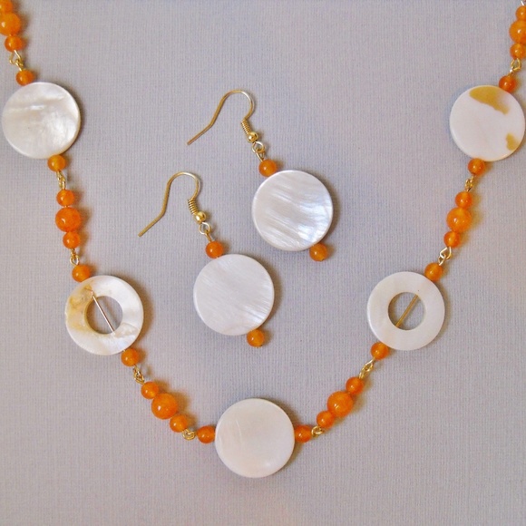 Quartzite Shell Necklace Earring Set Orange Cream - Picture 1 of 8